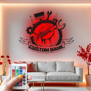 Custom Mechanic Metal Wall Art: LED Garage Decor