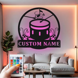 Custom Drum Metal Wall Art: LED Light Decor, Musician Gift