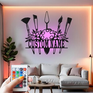 Arte de pared de metal personalizado con luz LED, decoración de estudio de pintor personalizada, regalo para profesor de arte, decoración creativa para sala de arte.