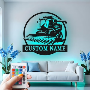 Custom Combine Harvester Metal Wall Art: LED Farmhouse Decor