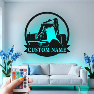 Custom Excavator Metal Wall Art: RGB LED Construction Decor