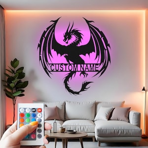 Custom Dragon Metal Wall Art With Led Light , Personalized Fantasy Dragon Decor, Mythical Creature Gift, Gamer Room Wall Hanging