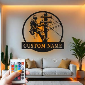 Custom Lineman Metal Wall Art: LED Electrician Gift