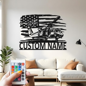 Custom Military Helicopter Metal Wall Art with LED: Patriotic Decor