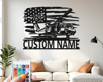 Arte de pared de metal con helicóptero militar personalizado y LED: Decoración patriótica