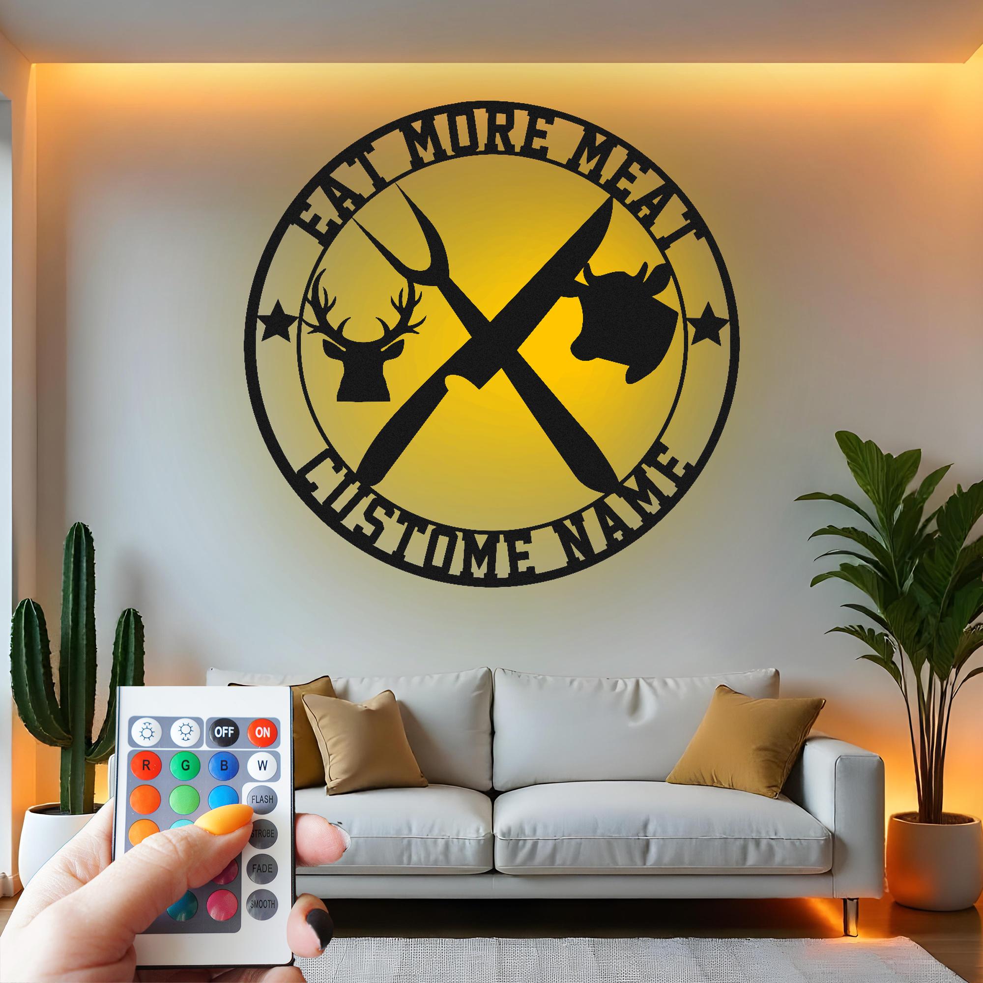 Custom BBQ Grill LED Metal Wall Art: Eat More Meat Decor