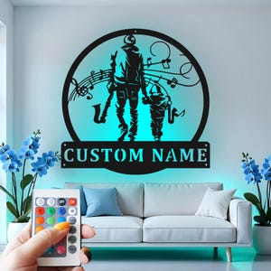 Art mural en métal personnalisé papa musicien avec lumière LED, décoration musicale père fils, cadeau d'art mural en métal musique jazz personnalisé