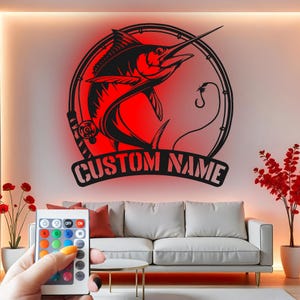 Custom Marlin Fishing Metal Wall Art: LED Nautical Decor