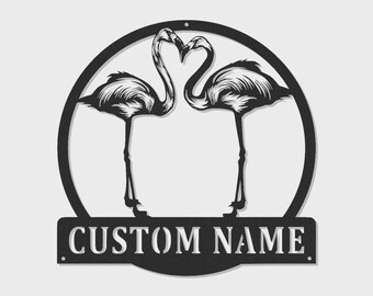 Plaque en métal personnalisée Flamant rose | Décoration murale tropicale avec nom personnalisé | Décoration extérieure en acier