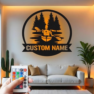 Custom Kayaking Metal Wall Art with LED: Personalized Lake House Decor