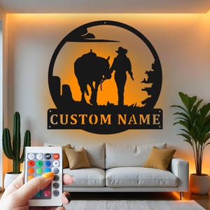 Custom Cowboy and Horse Metal Wall Art with LED Light