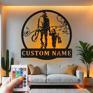 Custom Father & Son Fishing Metal Art: LED Rustic Cabin Decor