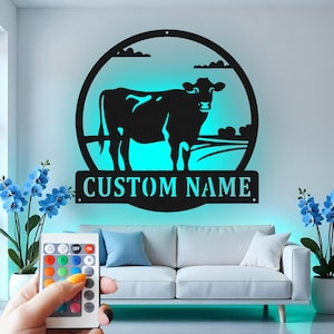 Custom Cow Metal Wall Art With Led Light , Farmhouse Decor, Personalized Cattle Ranch Sign, Gift for Farmer, Barn Wall Hanging