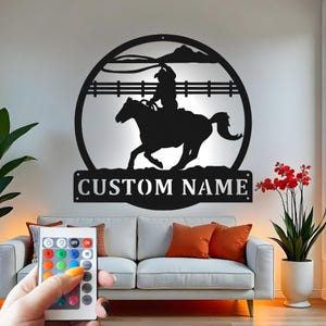 Custom Cowboy Roping Horse Metal Wall Art with LED Light