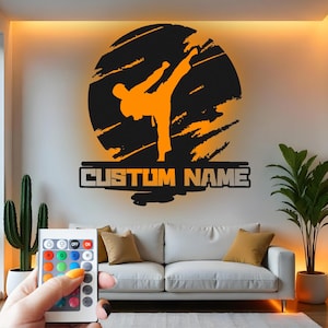 Martial Arts Custom Sign Metal Wall Decor With Led Light , Karate Kick Silhouette Decor, Gift for Martial Artist, Dojo Wall Hanging