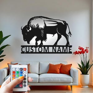 Op maat gemaakte metalen muurkunst buffel met led: rustiek natuurdecor