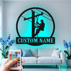 Custom Lineman LED Metal Wall Art: Electrician Gift