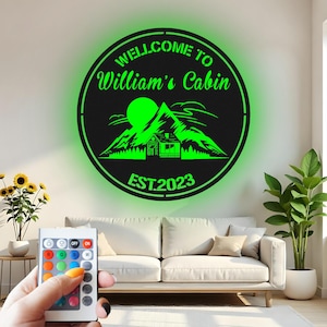 Custom Cabin Metal LED Wall Art: Personalized Lake House Welcome Sign