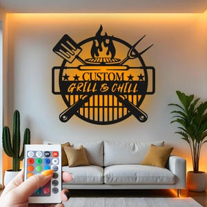 Grill & Chill Custom Sign Metal Wall Decor With Led Light , BBQ Decor, Outdoor Patio Grilling Gift, Backyard Cookout Sign