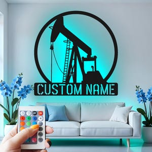 Oil Rig Custom Sign Metal Wall Decor With Led Light , Oilfield Worker Decor, Industrial Drilling Pump Gift, Man Cave Wall Hanging