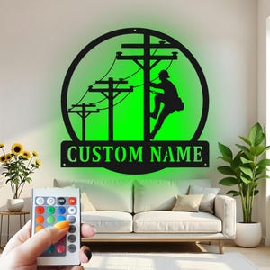 Lineman Metal Wall Art With Led Light , Electrician Gift, Utility Worker Decor, Power Line Metal Wall Art for Office