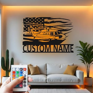 Custom Military Helicopter Metal Wall Art with LED: Patriotic Aviation Decor