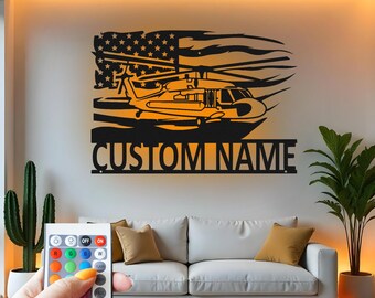 Custom Military Helicopter Metal Wall Art with LED: Patriotic Aviation Decor