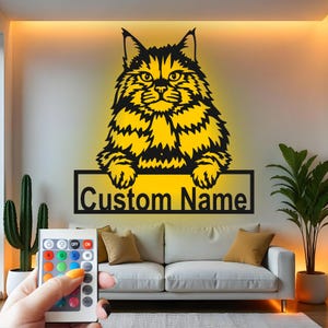 Custom Cat Metal Wall Art with LED Light: Personalized Pet Name Decor