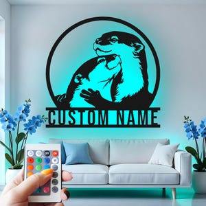 Custom Otter Couple Metal Wall Art with LED: Personalized Home Decor