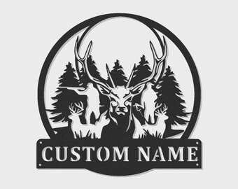 Cuadro metálico personalizado con diseño de familia de ciervos: regalo personalizado para cazadores, decoración para cabañas y refugios.