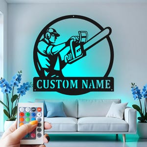 Custom Logger Metal Wall Art with LED Light: Lumberjack Cabin Decor