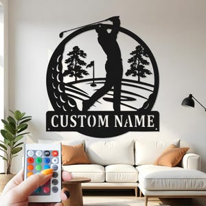 Custom Golfer Metal Wall Art: LED Light Golf Decor