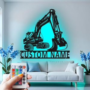 Custom Excavator Metal Wall Art: LED Light Construction Decor
