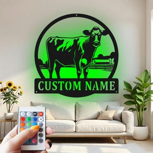 Custom Cow Metal Wall Art With Led Light , Farmhouse Decor, Personalized Cattle Rancher Gift, Rustic Farm Barn Decor