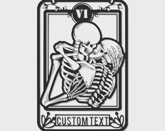 Gothic Lovers Tarot Card Metal Wall Art | Skeleton Couple LED Decor (Custom Text)