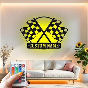 Custom LED Racing Flags Metal Wall Art: Personalized Garage Decor