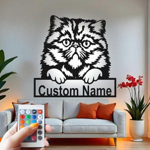 Custom Cat Metal Wall Art with RGB LED Light - Personalized Pet Name Decor