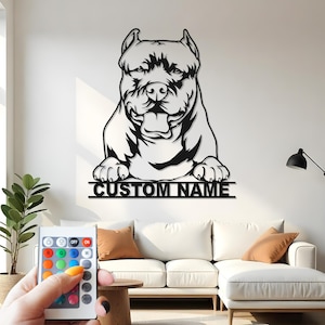 Personalisierte Pitbull Metall-Wand-Kunst mit LED: Personalisierte Haustier-Gedenkdekoration