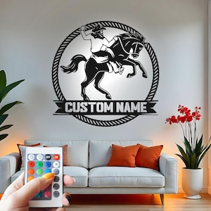 Custom Cowboy Riding Horse Metal Wall Art with LED Light