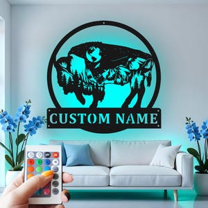 Buffalo Custom Sign Metal Wall Decor With Led Light , Wildlife Bison Decor, Rustic Cabin Gift for Outdoorsman