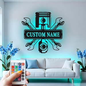 Custom Mechanic Metal Wall Art: LED Garage Decor