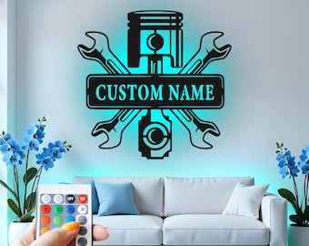 Custom Mechanic Metal Wall Art: LED Garage Decor