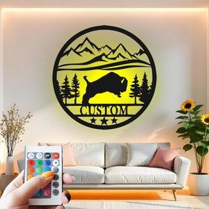 Buffalo Led Light Metal Wall Art, Mountain Wildlife Scene Decor, Bison Nature Wall Hanging, Cabin Gift, Lodge Home Decor