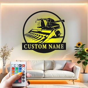Custom Combine Harvester Metal Wall Art: LED Farmhouse Decor