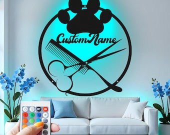 Custom Dog Groomer LED Metal Wall Art: Pet Salon Decor