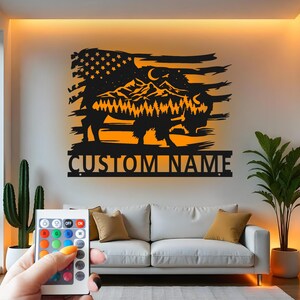 Buffalo Custom Sign Metal Wall Decor With Led Light , Mountain Landscape Wildlife Custom Sign Metal Wall Decor, Rustic Cabin Decor Gift