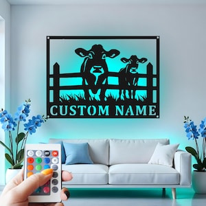 Custom Cow and Calf Metal Wall Art with LED: Personalized Farmhouse Decor