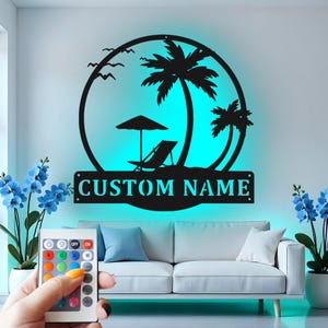 Beach Palm Tree Custom Sign Metal Wall Decor With Led Light , Tropical Island Decor, Gift for Beach Lovers
