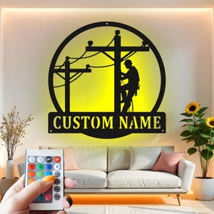 Custom Lineman Metal Wall Art with LED: Electrician Gift