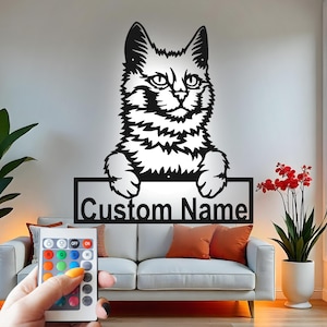 Custom Cat Metal Wall Art with RGB LED Light - Personalized Pet Decor